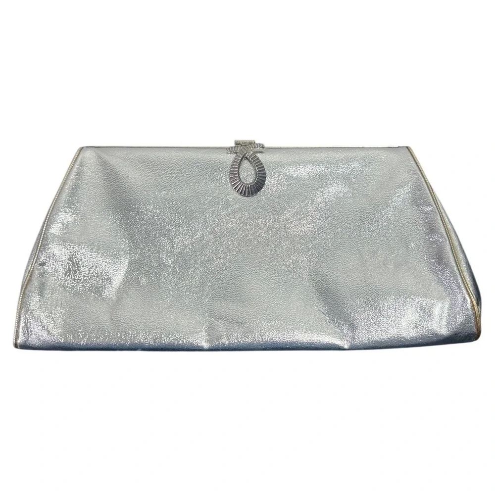 Elegant Silver Metallic Clutch Bag with Chain Strap Evening Handbag Prom Wedding